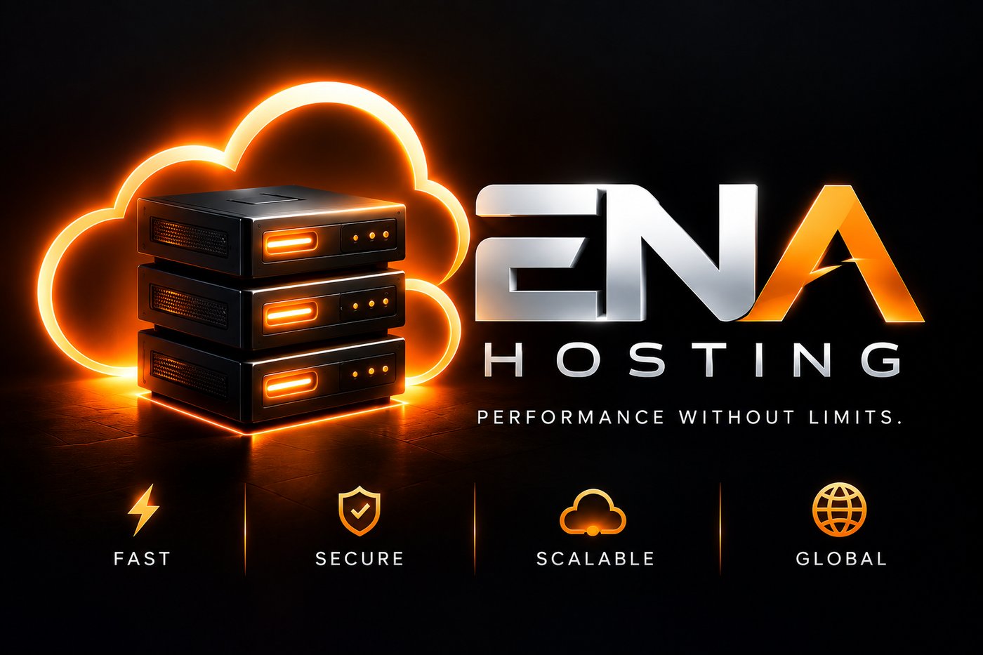 ENA Hosting server stack illustration with amber cloud glow, representing fast, secure, scalable and global hosting infrastructure